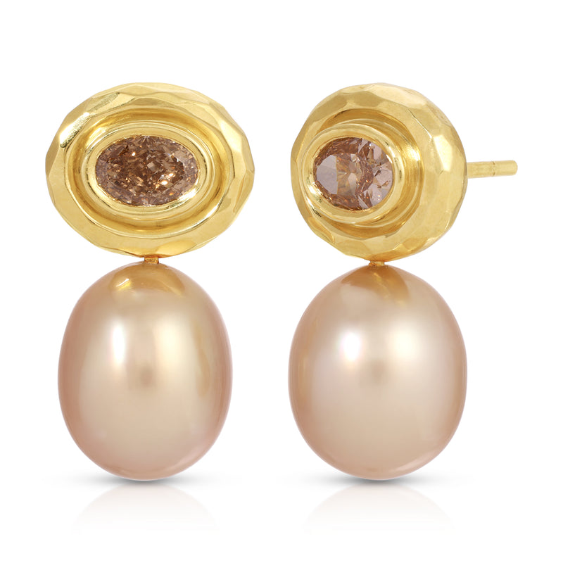 Double Orbit Golden Pearl & Diamond Earring