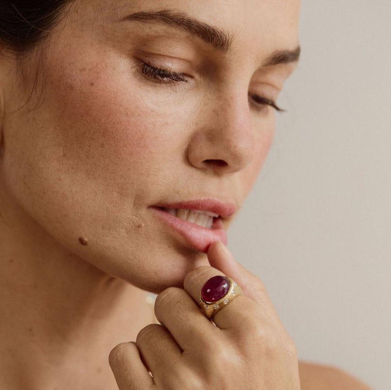 Rubellite & Diamond Cabochon Ring