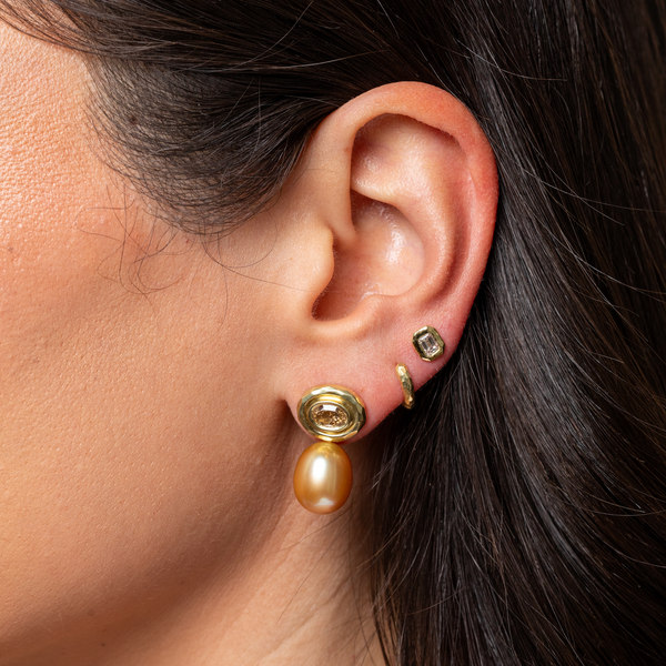 Double Orbit Golden Pearl & Diamond Earring