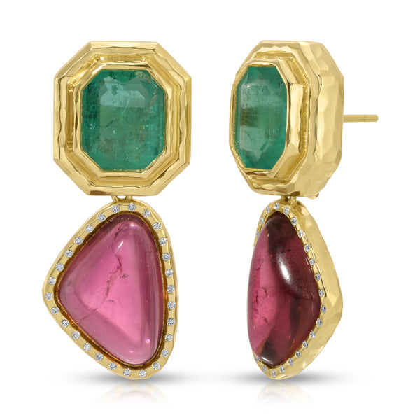 Double Orbit Kite Emerald & Rubellite Earring