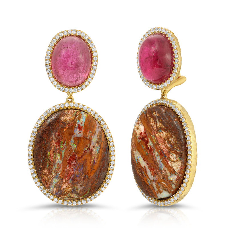 Opal, Rubellite & Diamond Earrings