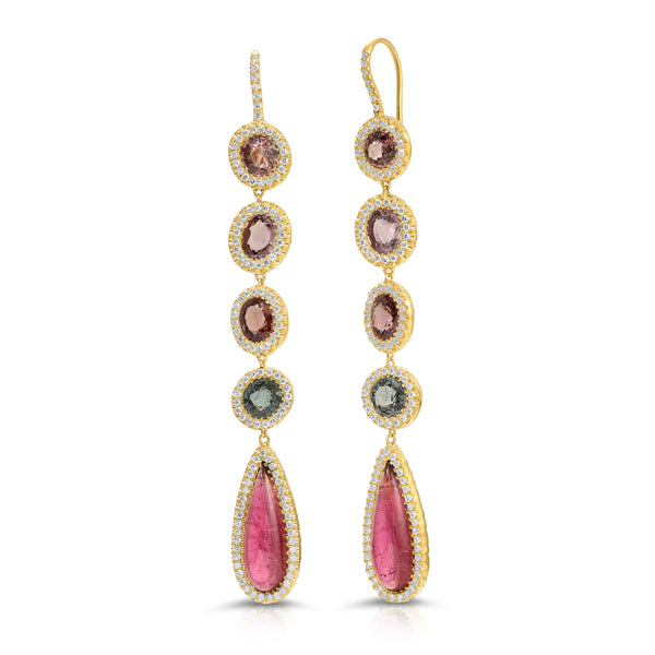 Elongated Rubellite, Spinel & Diamond Earrings