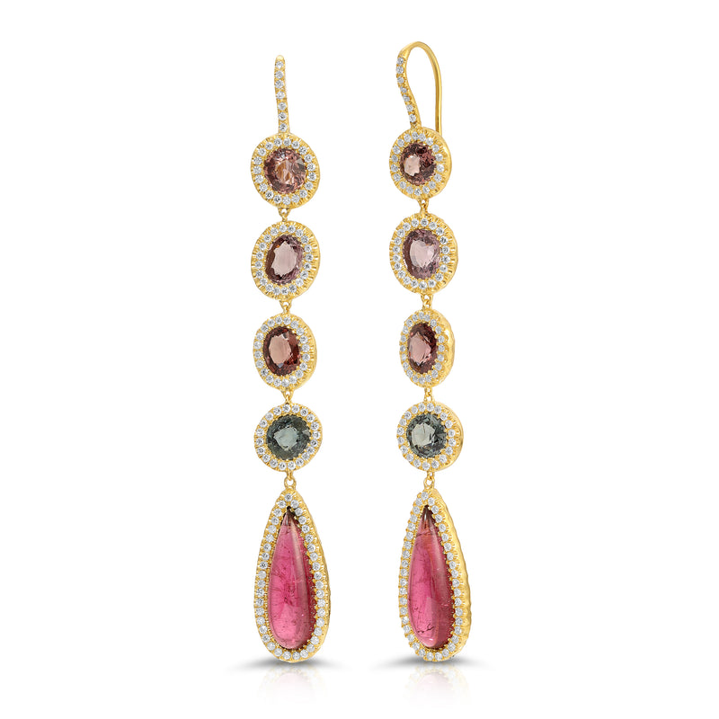 Elongated Rubellite, Spinel & Diamond Earrings